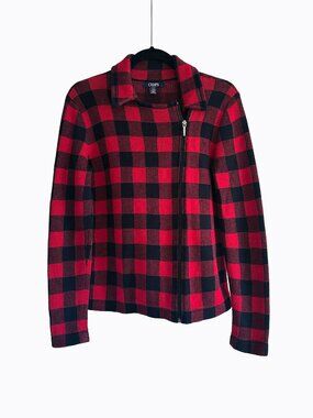 Asymmetric Zip Buffalo Plaid Cardigan Sweater Jacket SP Cotton Red Black Grunge